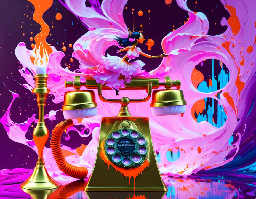 Colorful surreal artwork: Melting telephone in fiery liquid with whimsical figure