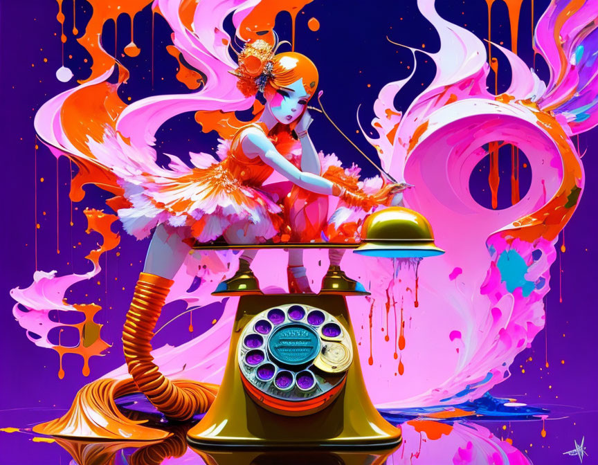 Colorful humanoid figure with mermaid-like tail using retro rotary phone in dynamic illustration