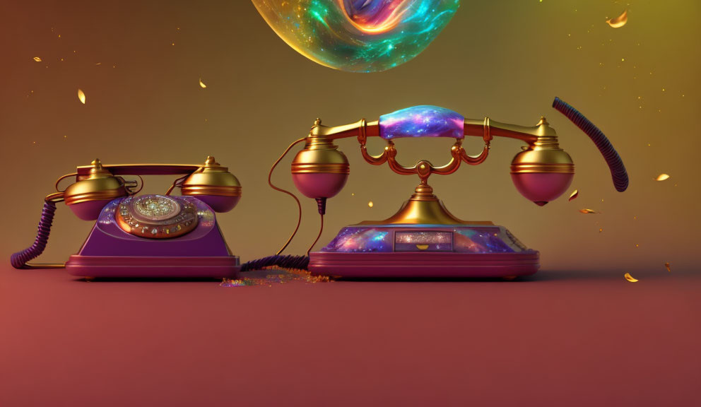 Vintage telephones with cosmic twist and star-filled void on warm background