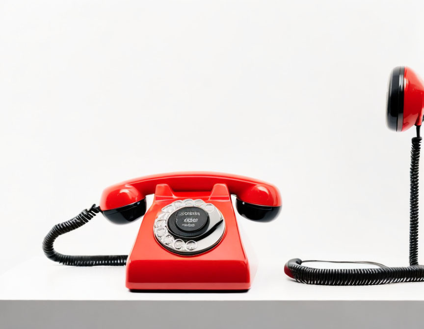 Red rotary dial telephone with handset off hook on white background