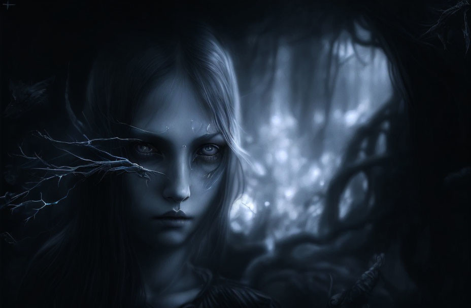 Ethereal pale girl with piercing eyes in mysterious forest.