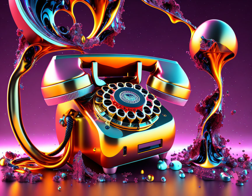 Surreal image of golden rotary phone with liquid-like extensions on purple backdrop