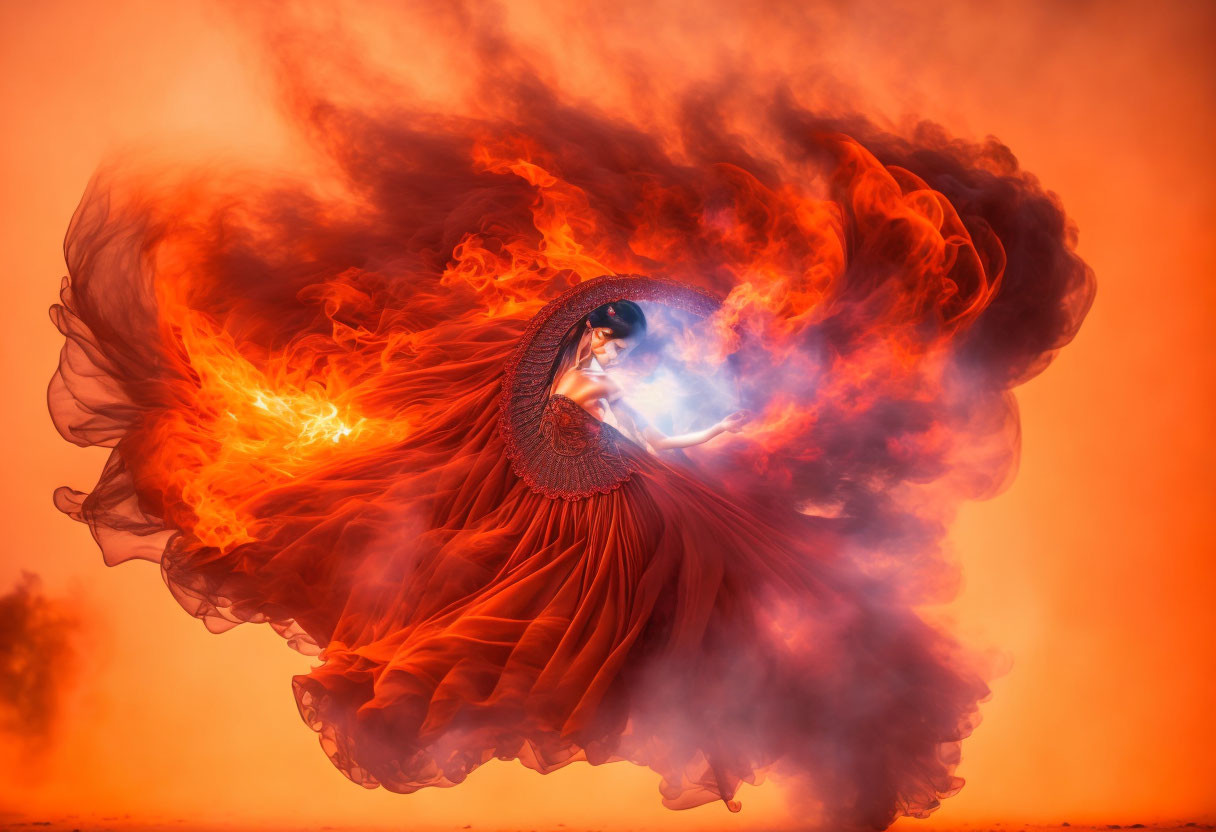 Woman in Red Dress Amid Phoenix-Like Flames