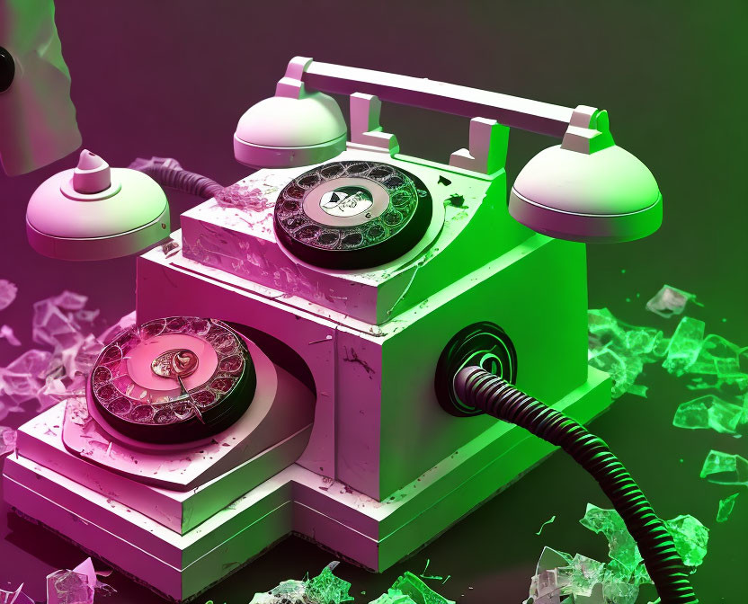 Vintage rotary phone off hook on broken surface with neon lighting