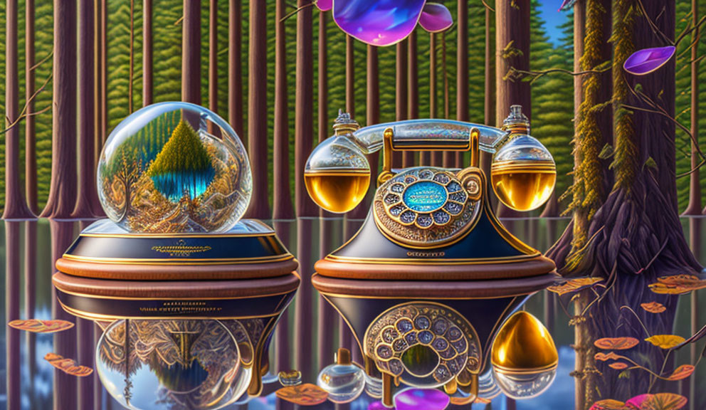 Surreal image of vintage telephone, snow globes, bamboo forest, reflective surfaces, and metallic