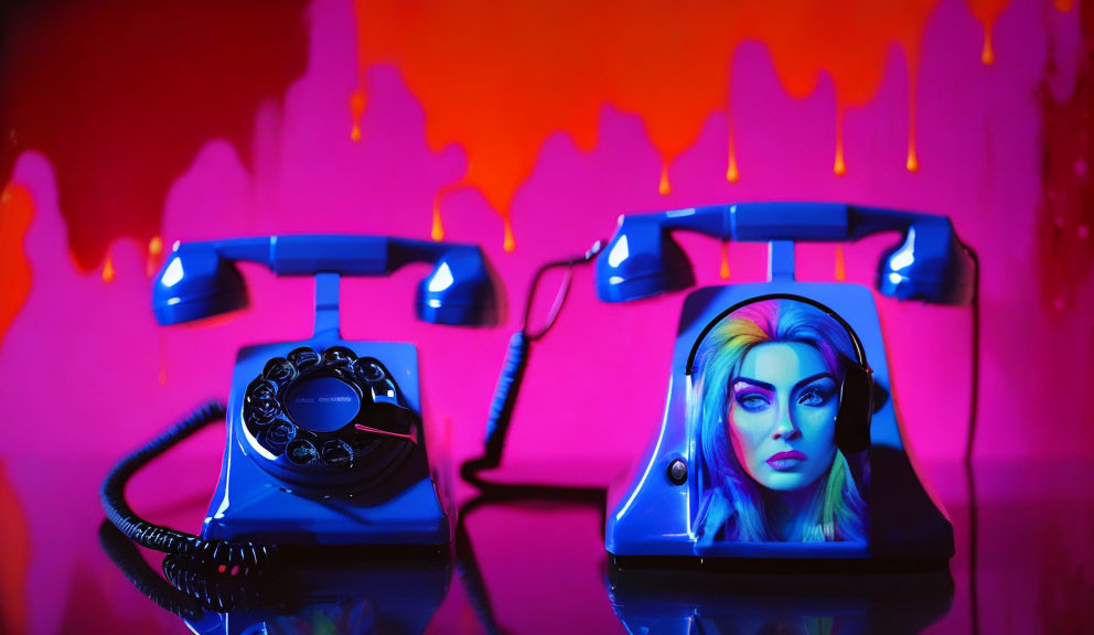 Vintage Telephones on Neon Pink and Blue Backdrop with Melting Effects