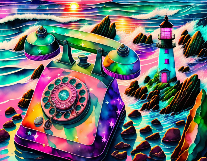 Colorful illustration: telephone, UFOs, lighthouse, ocean waves, starry sky