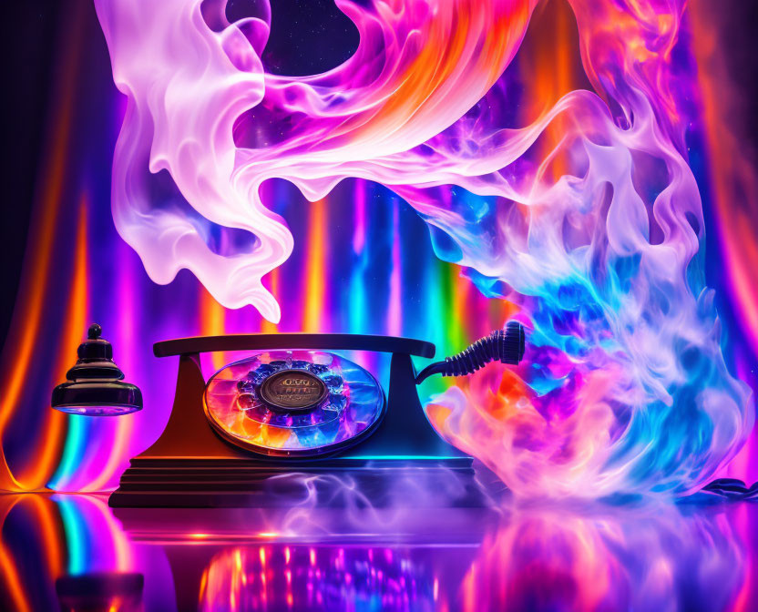 Colorful Smoke Swirling Around Vintage Rotary Phone on Vibrant Multicolored Backdrop