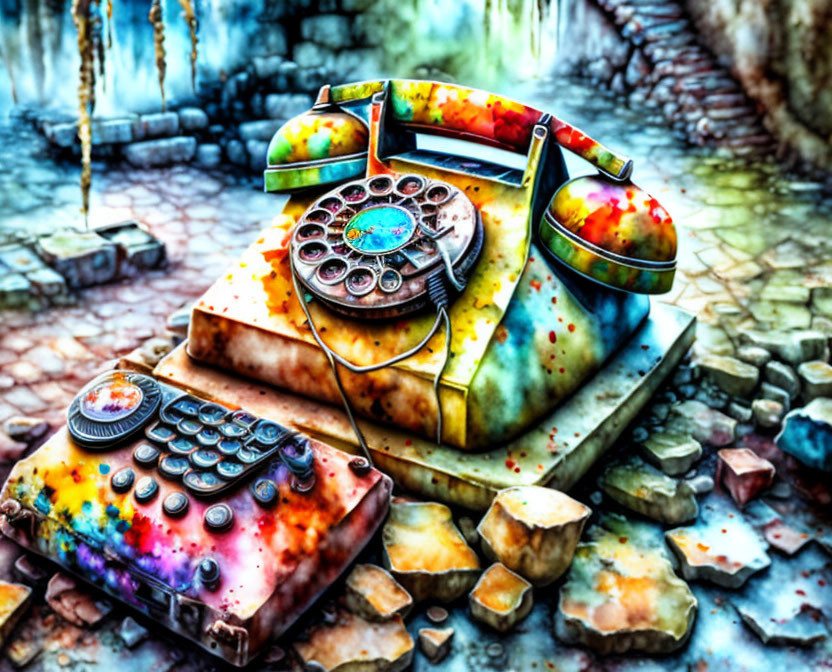 Colorful Vintage Rotary Telephones on Cobblestones with Artistic Splatters