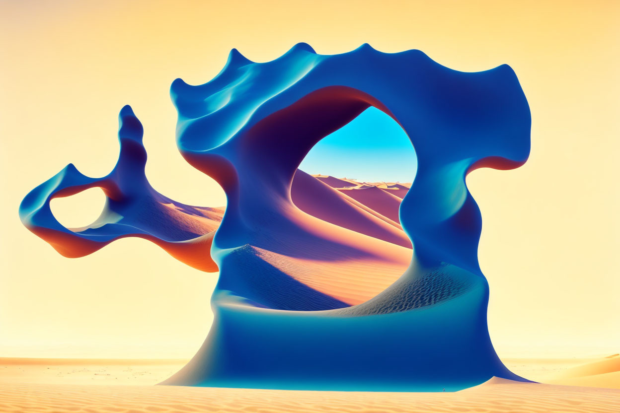 Desert dunes meet melting blue structure in surreal scene