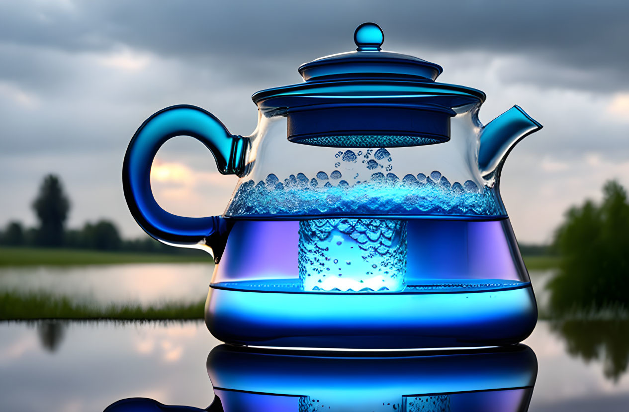 Transparent Blue Teapot with Boiling Water on Blurred Natural Background