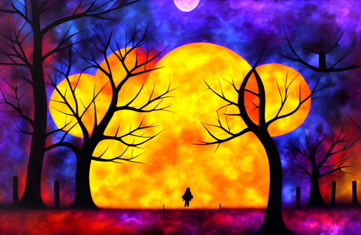 Colorful Silhouette Artwork: Lone Figure under Fiery Sunset