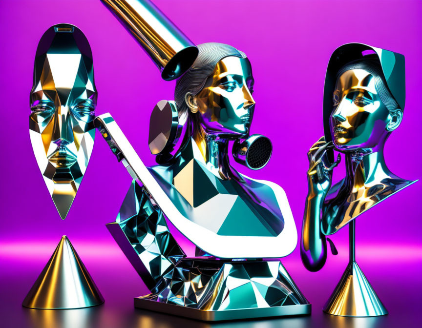 Three Metallic Humanoid Sculptures on Purple Background with Geometric Features