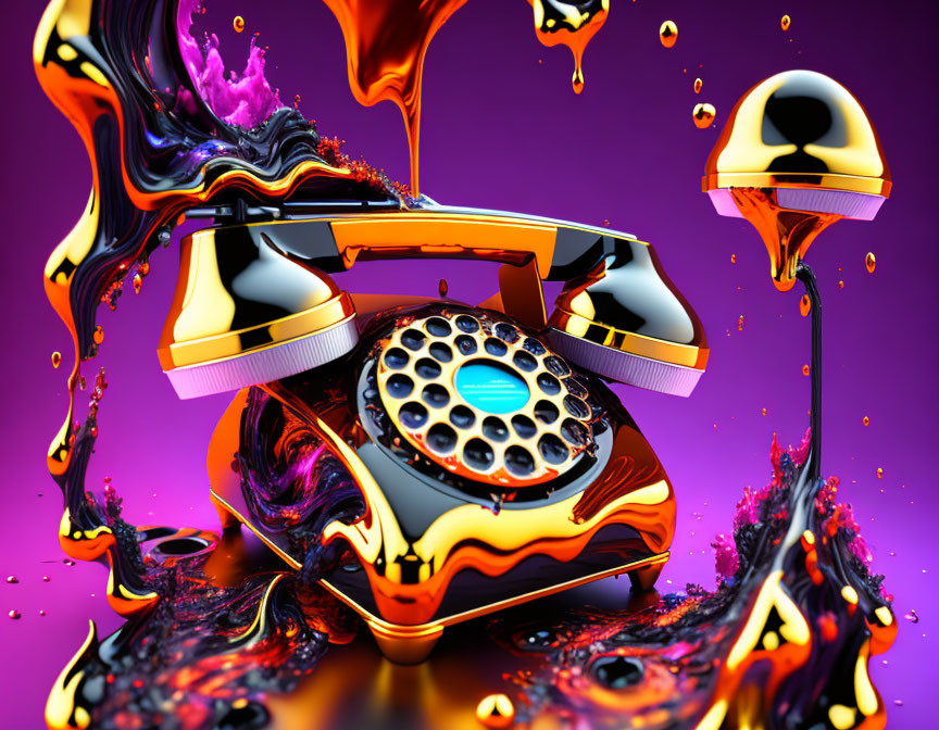 Colorful retro rotary telephone with liquid splashes on purple background