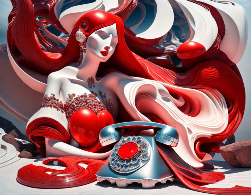 Surreal digital artwork of red-haired female with retro telephone