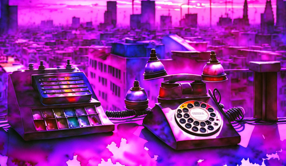 Vintage telephones in purple cityscape with glowing sky