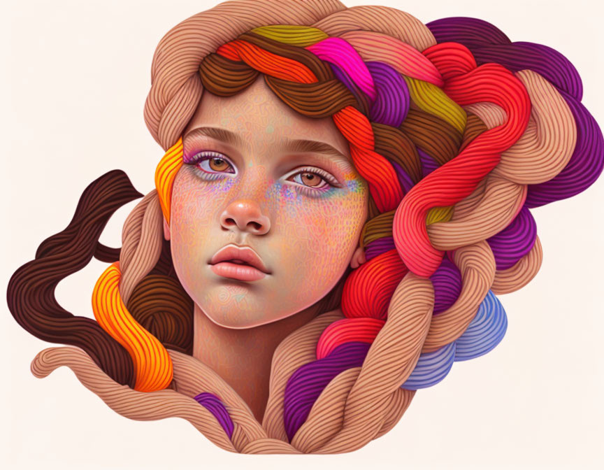 Colorful digital artwork: Girl with ribbon-like hair & expressive face