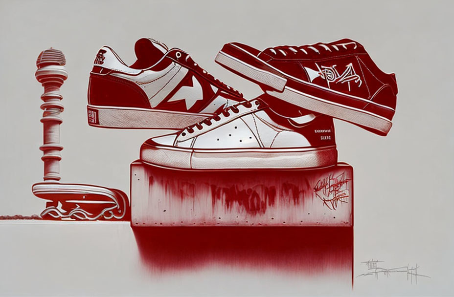 Graffiti-style illustrated sneakers on melting red surface with spray can