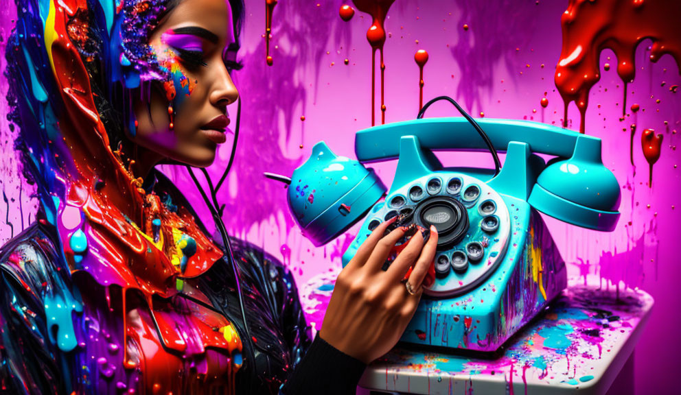 Colorful painting of woman with retro telephone on purple background