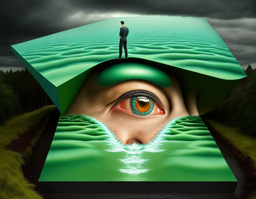 Person on platform above giant eye in surreal landscape