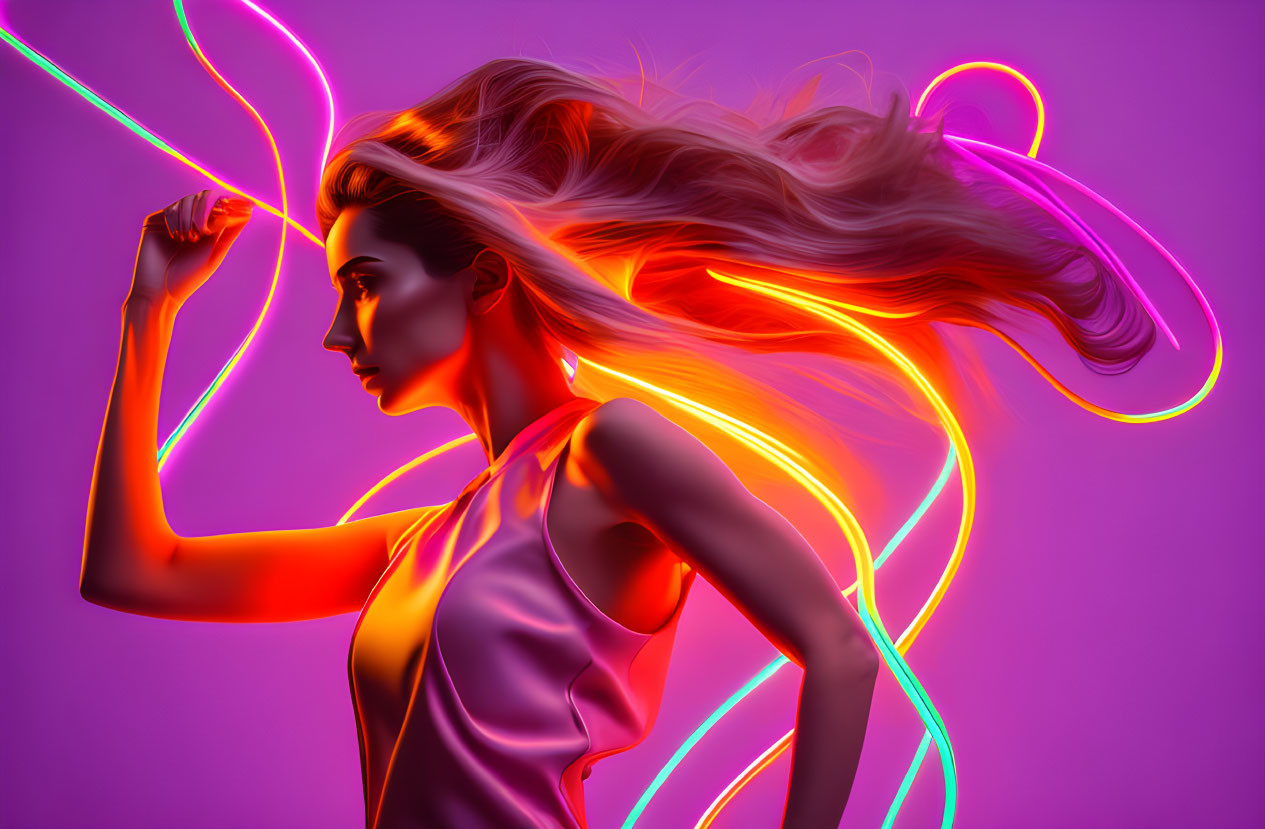 Flowing hair woman illuminated by vibrant purple and orange neon lights