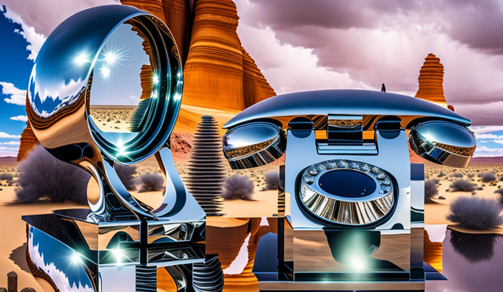 Surreal landscape with metallic structures, reflective spheres, water, and desert formations