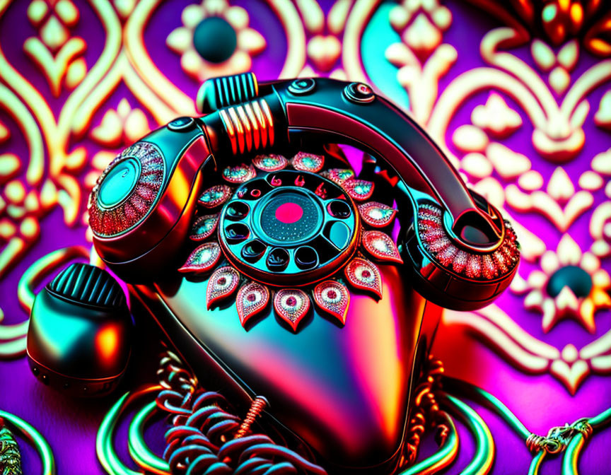 Vibrantly colored psychedelic rotary telephone on surreal background