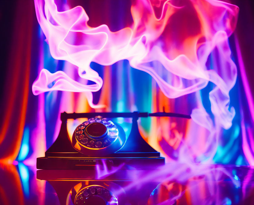 Vintage rotary phone engulfed in vibrant flames on soft bokeh background