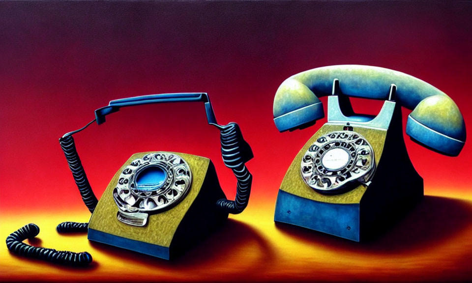 Vintage rotary dial telephones with receivers off against gradient background