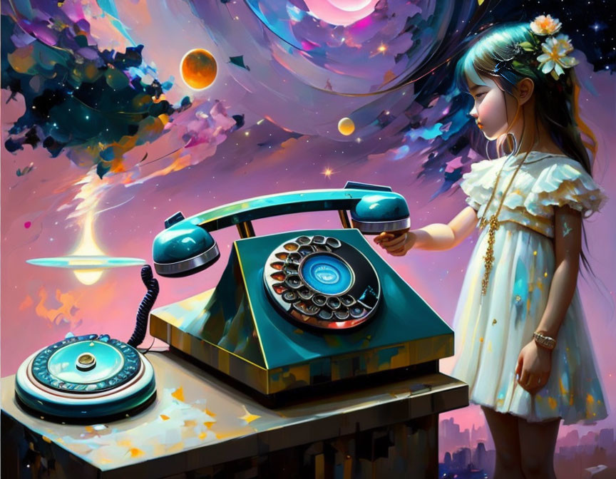 Young girl in dress with flower picking up vintage telephone against cosmic backdrop