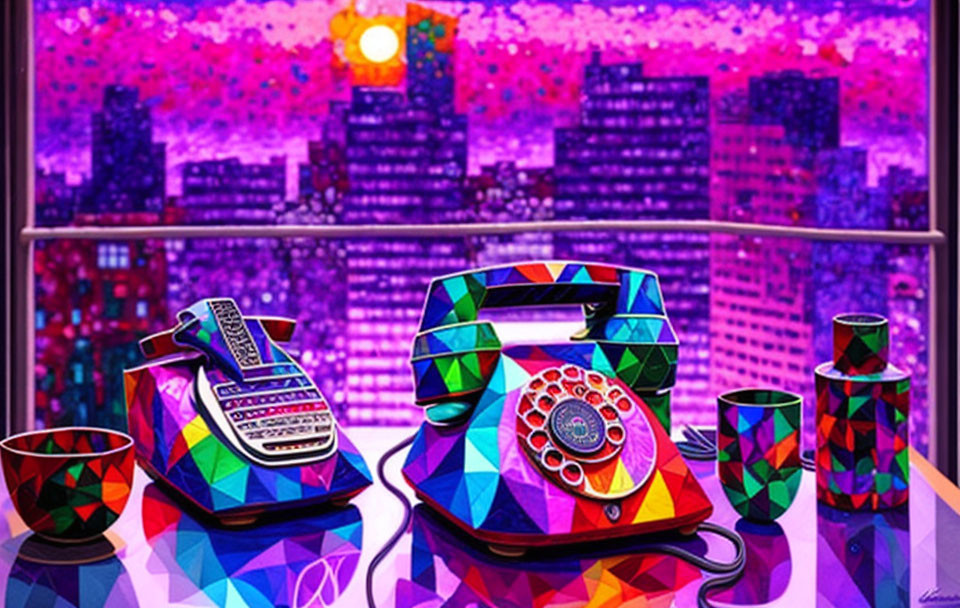 Vibrant retro telephones and geometric cups against cityscape backdrop