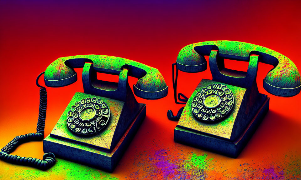 Vintage Rotary Phones with Colorful Textures on Orange and Purple Background