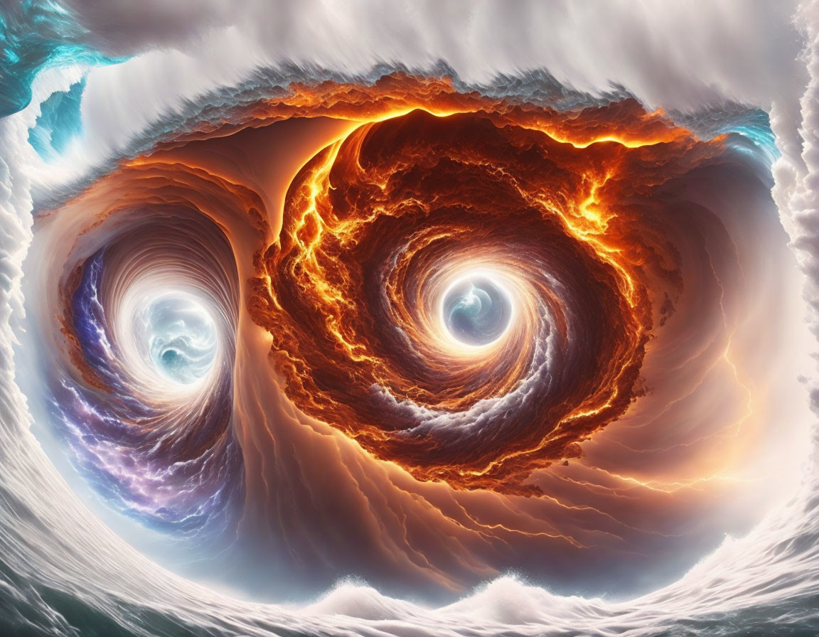 Digital Artwork: Swirling Red and Blue Vortexes in Stormy Background