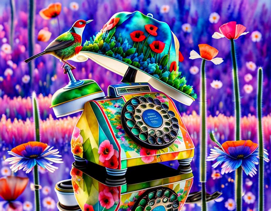 Colorful bird on floral rotary phone in vibrant flower field