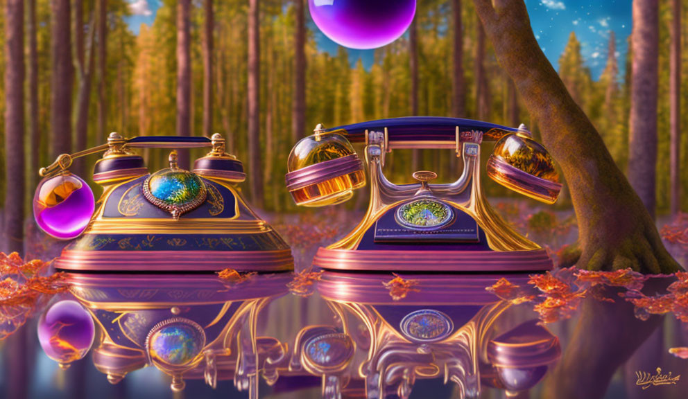 Vintage Phones with Colorful Baubles in Enchanted Forest Setting