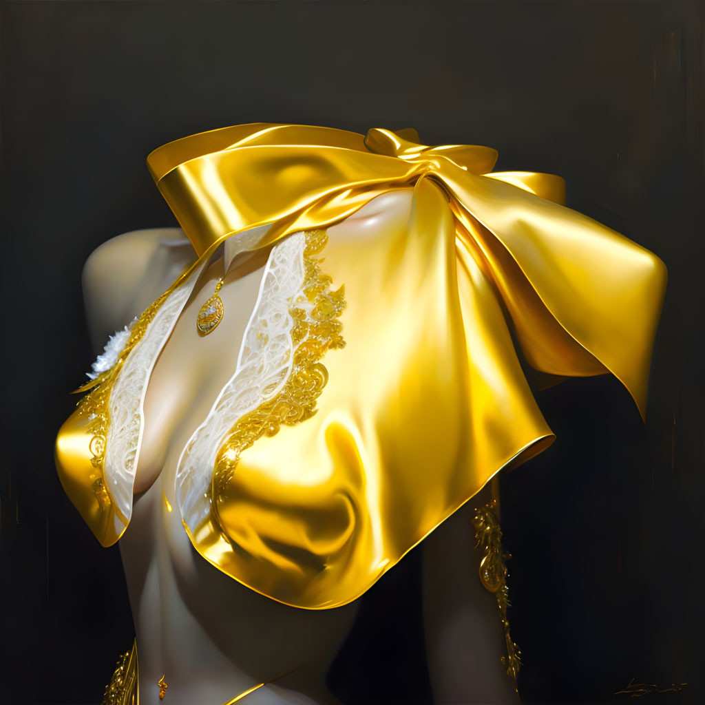 Shiny gold gift box with elaborate bow on dark background