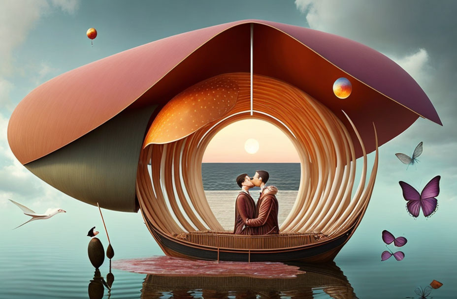 Surreal illustration of couple kissing in shell-like structure by sea