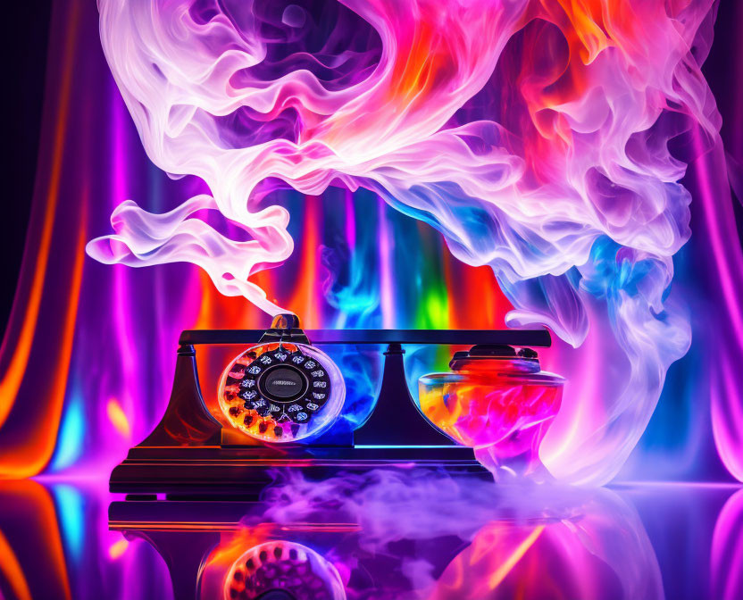 Vintage Rotary Telephone Surrounded by Colorful Swirling Smoke on Vibrant Background