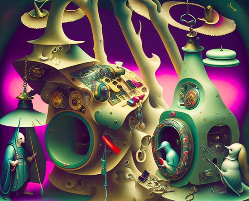 Vibrant digital artwork: surreal machine, cloaked figure, white bird under neon lights