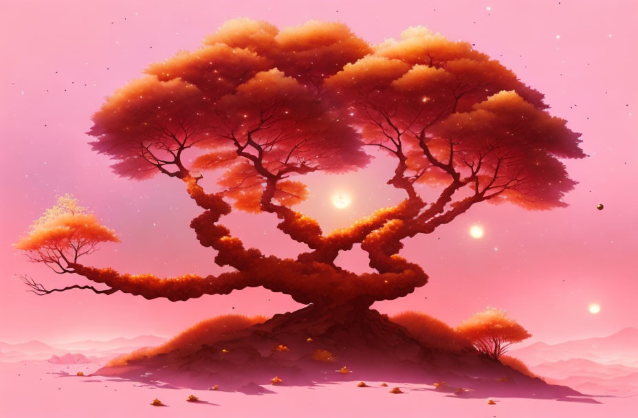 Giant whimsical tree with orange foliage in mystical landscape