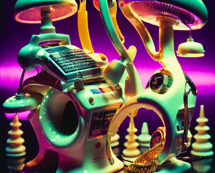 Vintage-style sci-fi machine on purple-pink gradient backdrop