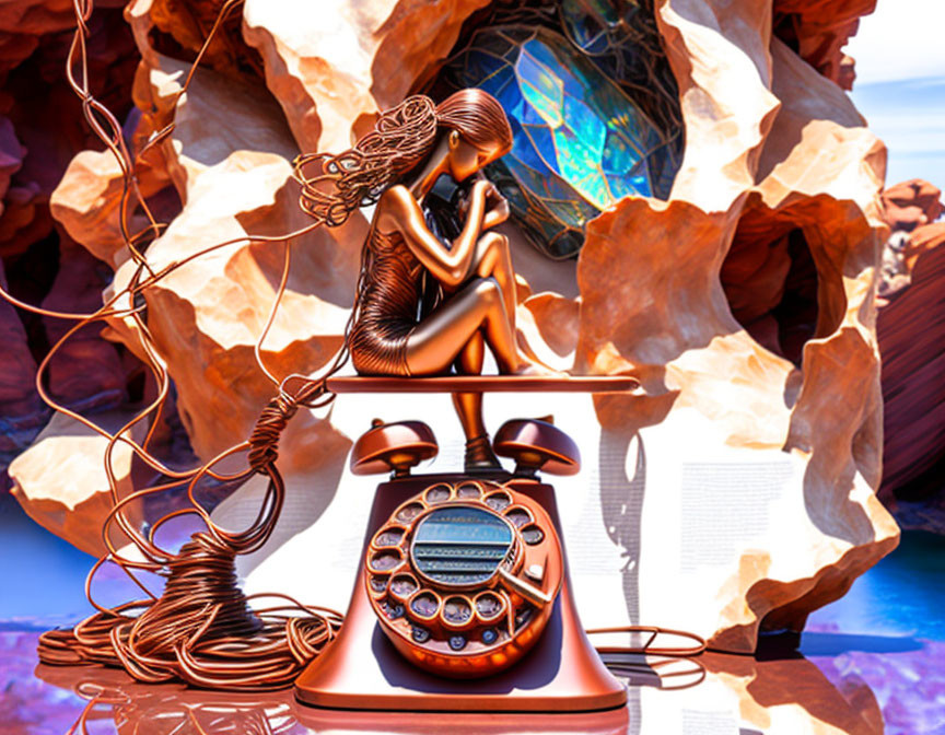 Bronze figurine, antique telephone, open book on blue crystalline backdrop