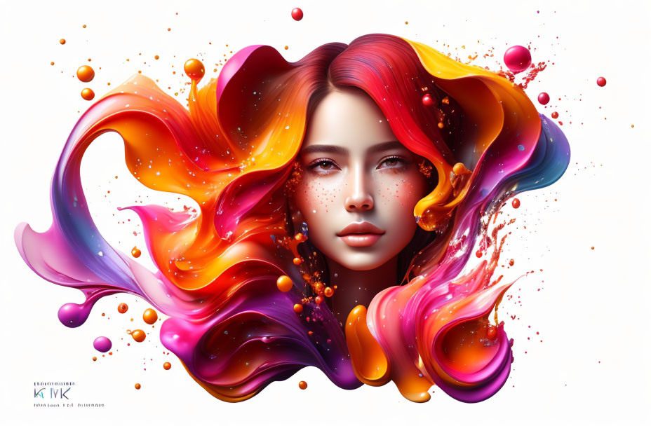 Colorful digital artwork: Woman with multicolored paint-like hair