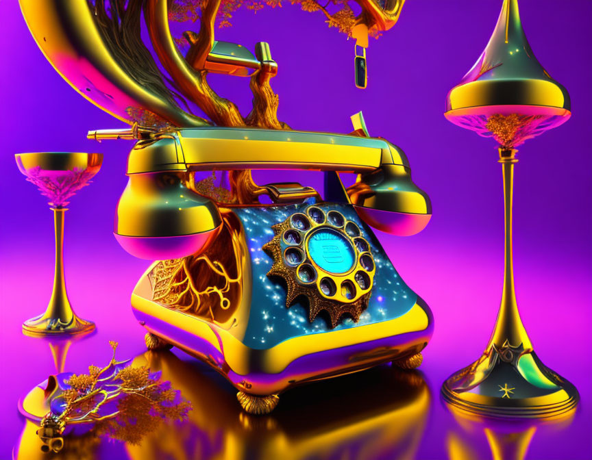 Colorful surreal artwork: vintage phone with steampunk elements on purple background