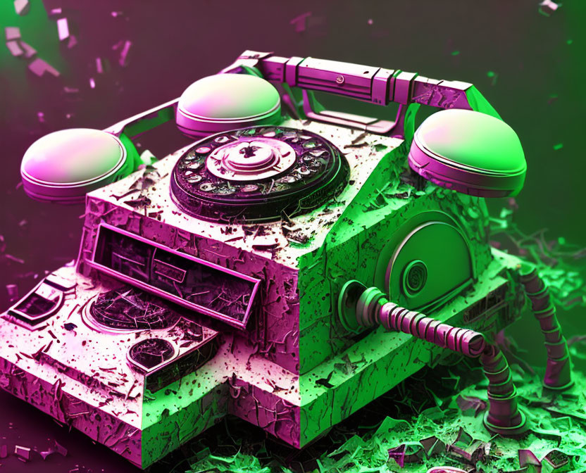 Neon Green and Pink Rotary Telephone with Splatters and Debris