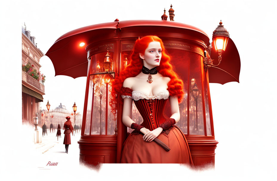 Digital artwork: Red-haired woman in Victorian dress in ornate streetcar booth with Parisian street background