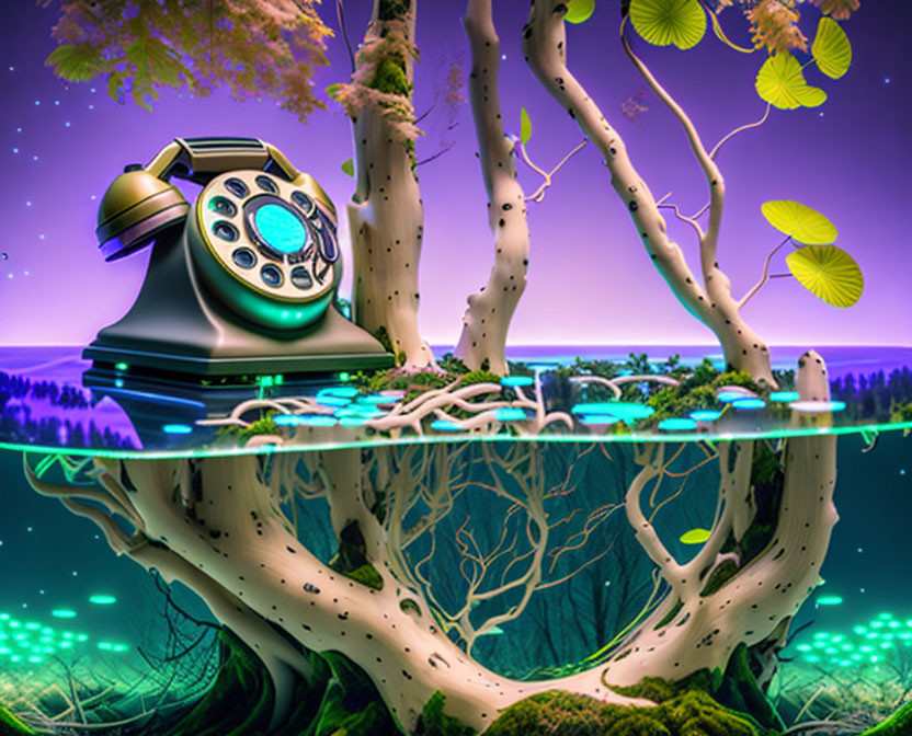 Vintage Rotary Phone on Surreal Inverted Tree Landscape