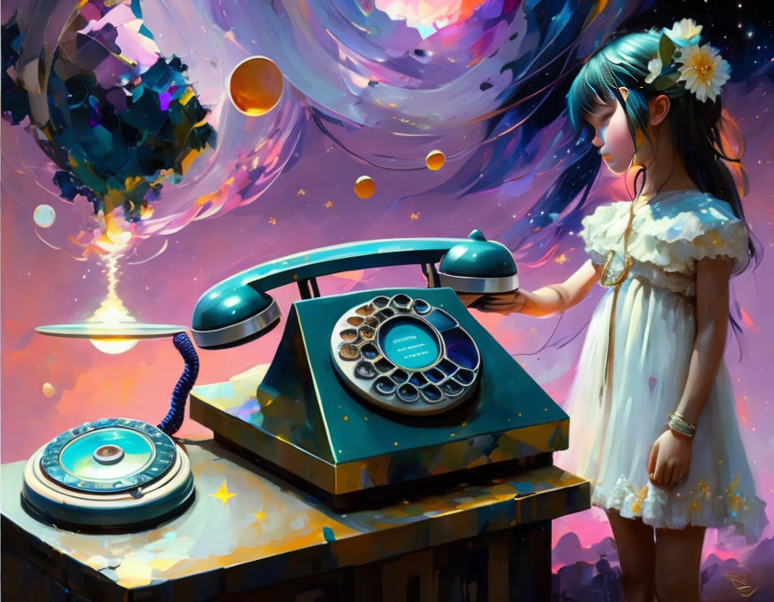 Young girl in white dress with flowers gazing at vintage phone in cosmic background