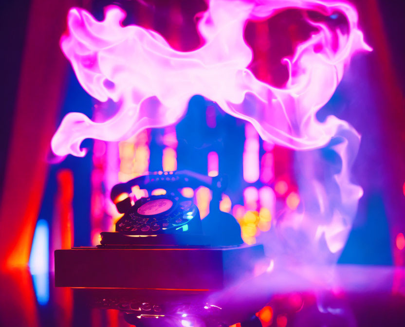 Vintage Telephone Surrounded by Purple and Pink Smoke on Bokeh Background