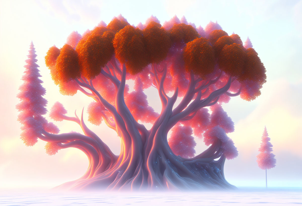 Majestic tree in fantasy landscape with orange foliage